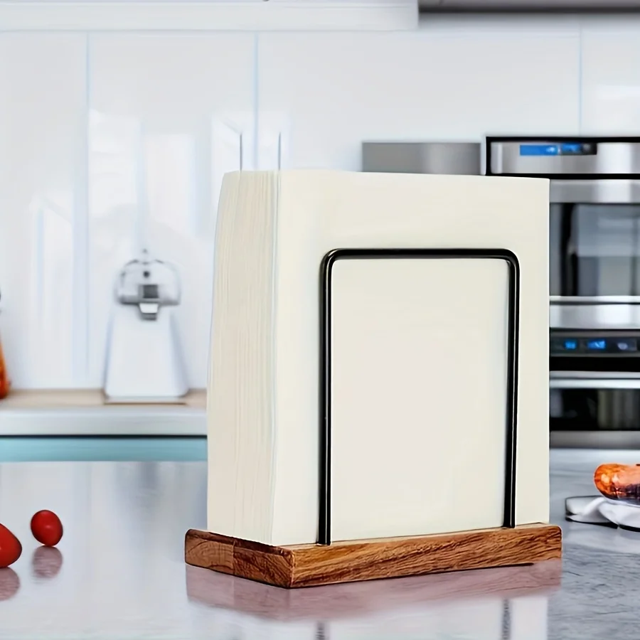 

Stainless Steel Napkin Holder with Solid Wood Base -Rectangular Tissue Storage Rack for Bathroom, Bedroom,Living Room Countertop