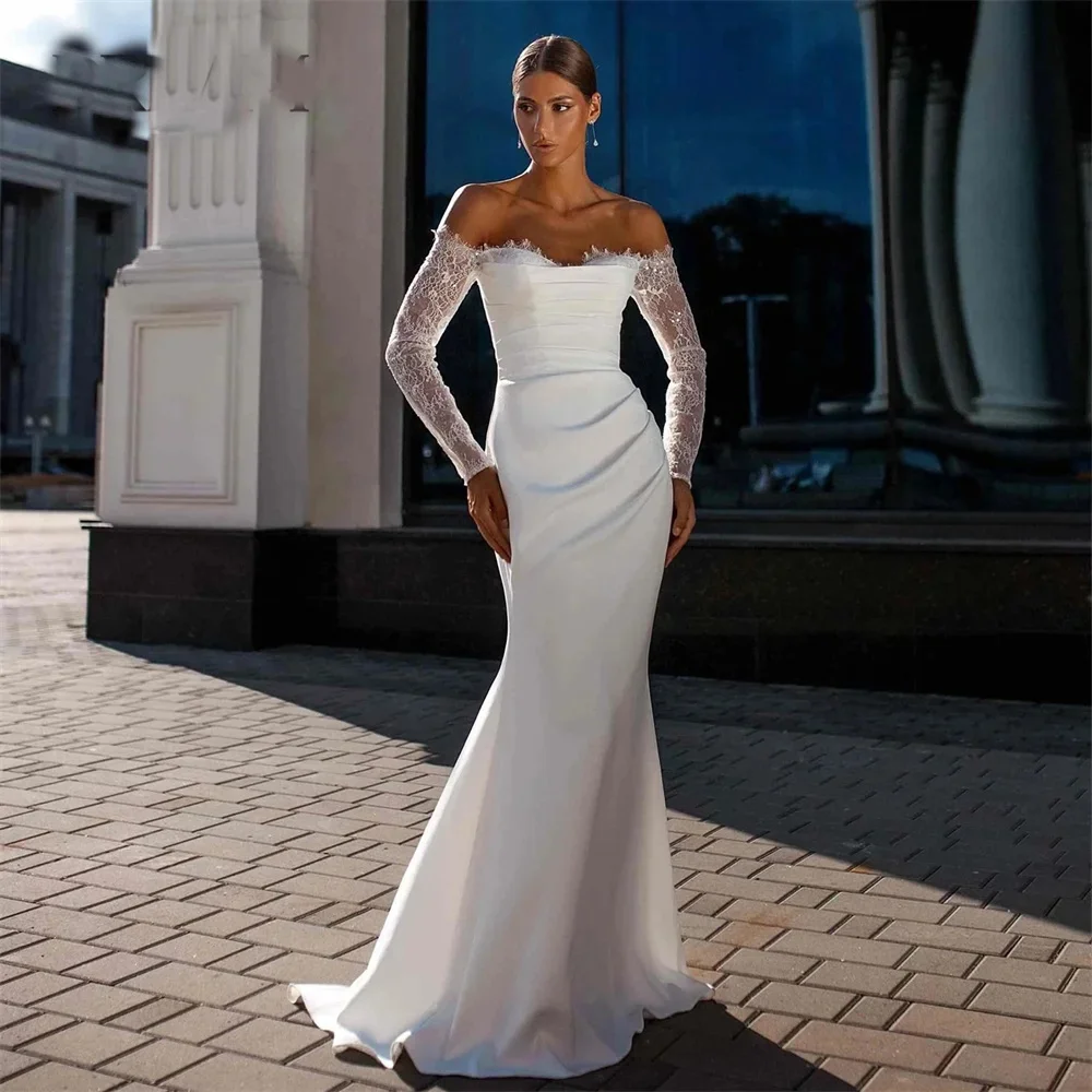 

ML Кружевное свадебное платье с длинными рукавами и милой русалкой, плиссированное свадебное платье с открытой спиной и открытыми плечами, Vestido De Novia по индивидуальному заказу