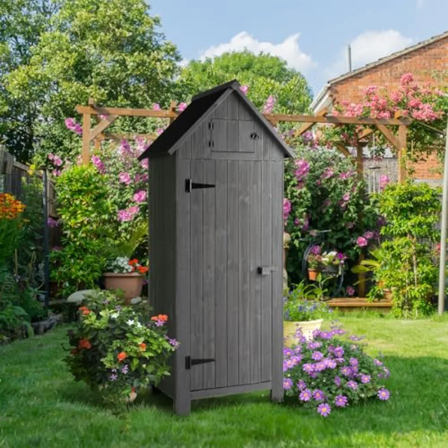 Outdoor Wooden Storage Shed, Garden Shed Outside Tool Cabinet with Safety Latch, Patio Storage Organizer Dark Grey