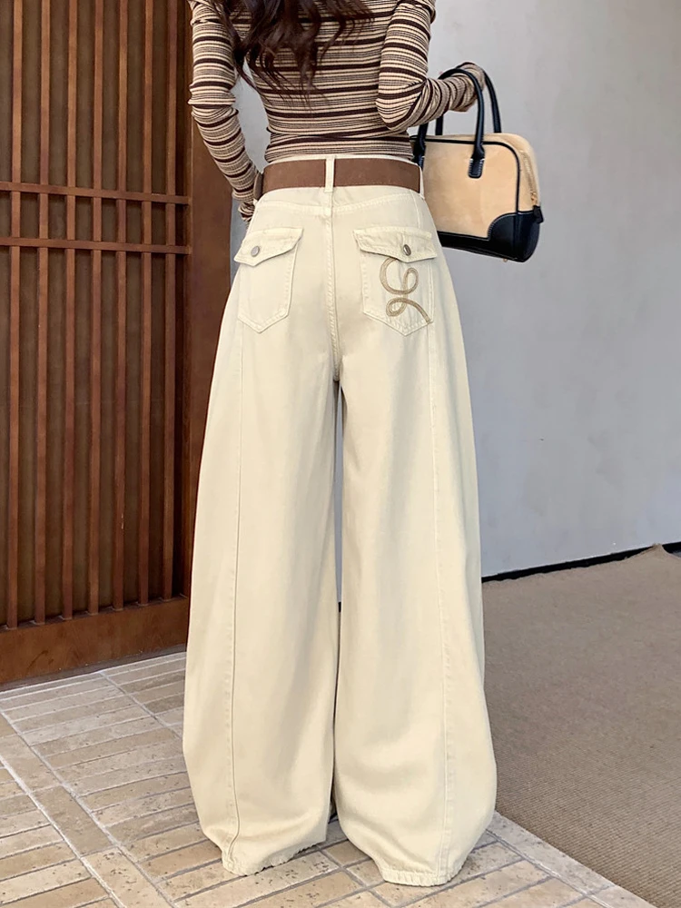 

Retro Embroidered High Waist Wide Leg Denim Jeans Women's Loose Floor-Length Trousers American Design Summer New Arrival