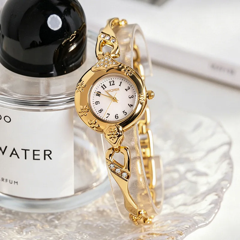 Rose Gold Quartz Bracelet Wristwatches Round Dial Relief Flower Graceful And Noble Demeanor Fashion Everywhere Women's Watches
