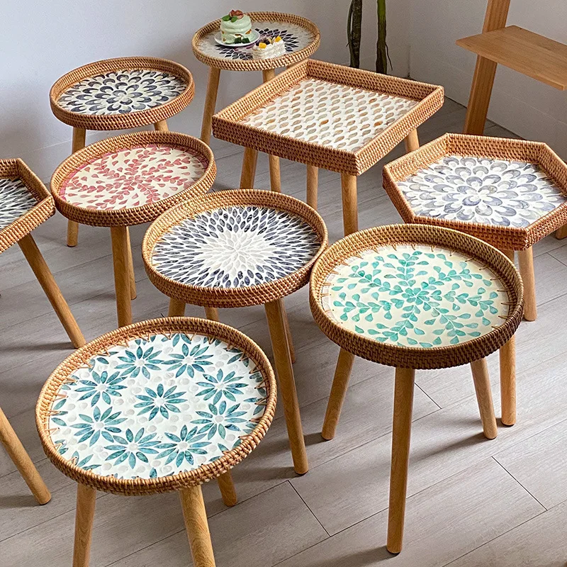 Rattan Handwoven Colorful Side Table, Shell-shaped Tray with Legs - Light Luxury Small Nest Table for Living Room, Boho Style