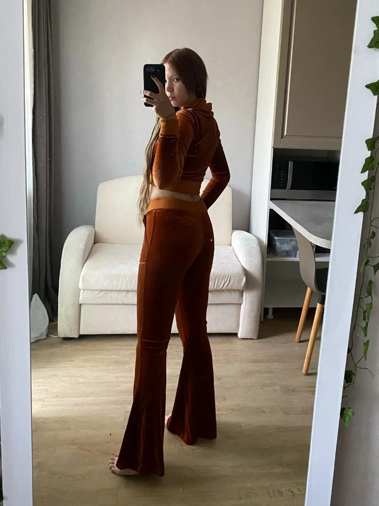 EOENKKY-Conjunto de dos piezas de terciopelo liso para mujer, Top sencillo informal con cremallera de manga larga y cuello alto + pantalones de pierna ancha ajustados de encaje vendaje