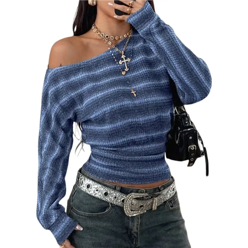 NEW-Women's Diagonal Off Shoulder Striped Ruched Waist Long Sleeve Top Blue S