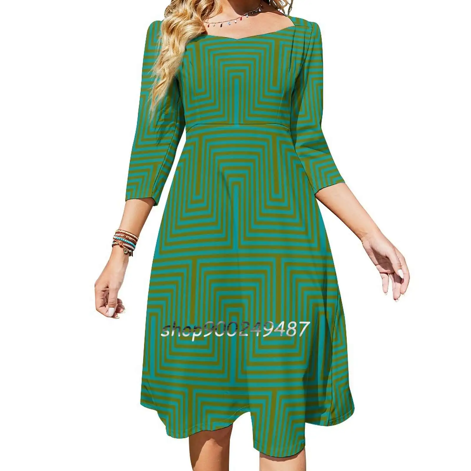 Doors & Corners-Op-Art Pattern ( Mix & Match Aqua / Olive ) Evening Party Dresses Midi Sexy Dress Female Sweet One Piece Dress