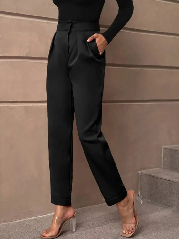 2024 Fashion Casual Women\'s High-waisted Solid Black Color Ninth Pants Suit Diagonal Pocket Tapered Trousers And Pants