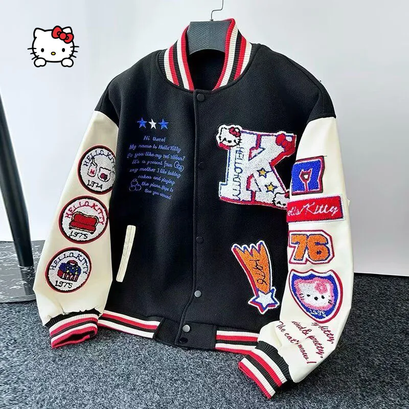 

American Retro Hello Kittys Embroidered Jacket Spring Autumn Fashion Overcoat Loose Casual Baseball Uniform for Men and Women