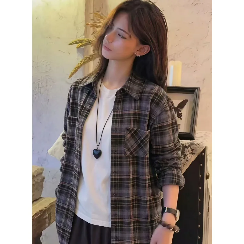 Fashion Spring Autumn Lazy Style Women Plaid Shirt Long Sleeve Boyfriend Blouse Vintage Checkered Casual Shirts For Streetwear
