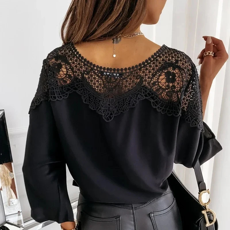 Summer Women New Crochet Lace Blouse Casual Sexy Lace Stitching White Shirts Vintage Elegant Ladies Loose Tops Blusas 12459