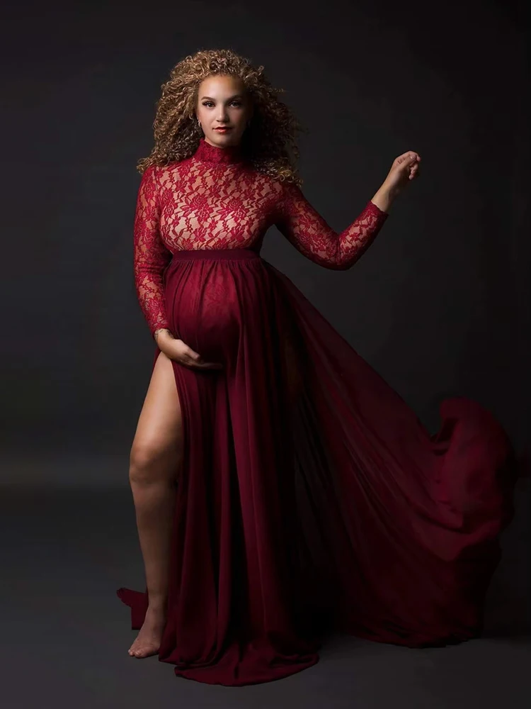 Zwangerschaps tweedelige kanten tule zwangerschapsfotojurk hoge hals pure jurk babyshower moederschapsjurk fotografie outfit