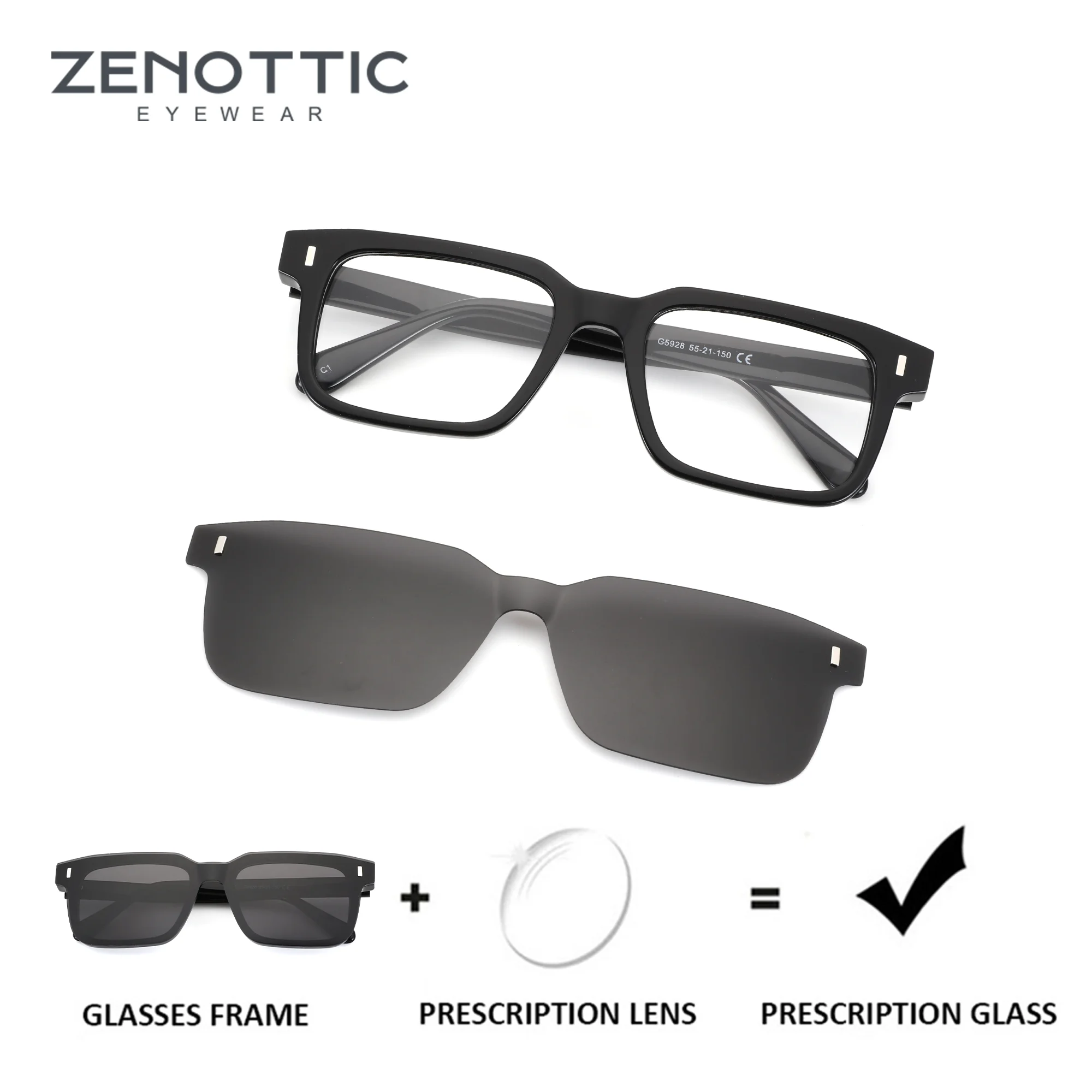 

ZENOTTIC (M Size）Square Prescription Glasses Combo for Men Acetate Frame and Clip On Myopia Sun Lens