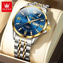 OLEVS Top Brand Men's Watches Week Calendar Stainless Steel Strap Waterproof Luminous Quartz Watch for Man Fashion Wristwatch