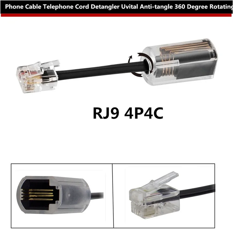 Lot de 4 barrettes pour téléphone RJ9 4P4C, résistant à 360 degrés, couleur arc-en-ciel, rotatif, anti-angle en T, noir, câble fixe