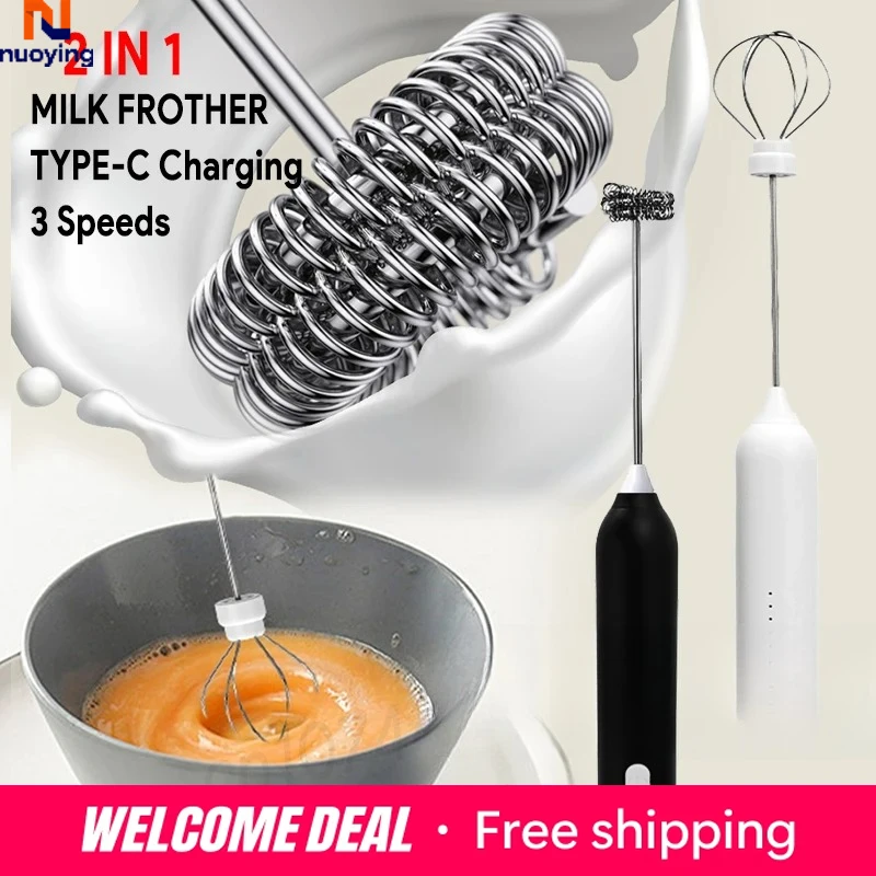 Espumador de Leche Eléctrico + Batidor de Huevos Inalámbrico con Carga Tipo-C, 3 Velocidades, Mini Espumador de Mano, Batidor de Café, Utensilios de Cocina