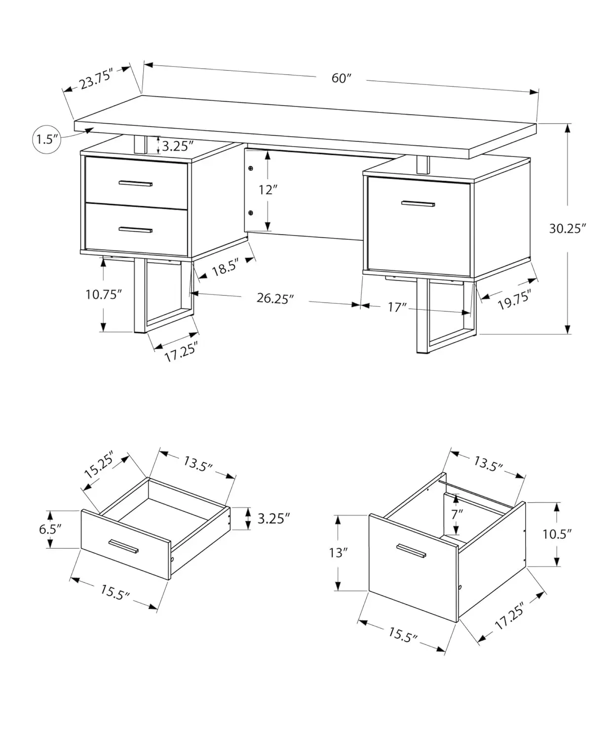 Computer Desk with Drawers - Contemporary Style - Home & Office Computer Desk with Metal Legs - 60"L (Grey Reclaimed Wood Look)
