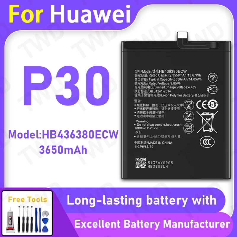 

100% New 3650mAh HB436380ECW Battery For HUAWEI P30 Replacement Bateria+Free Tools