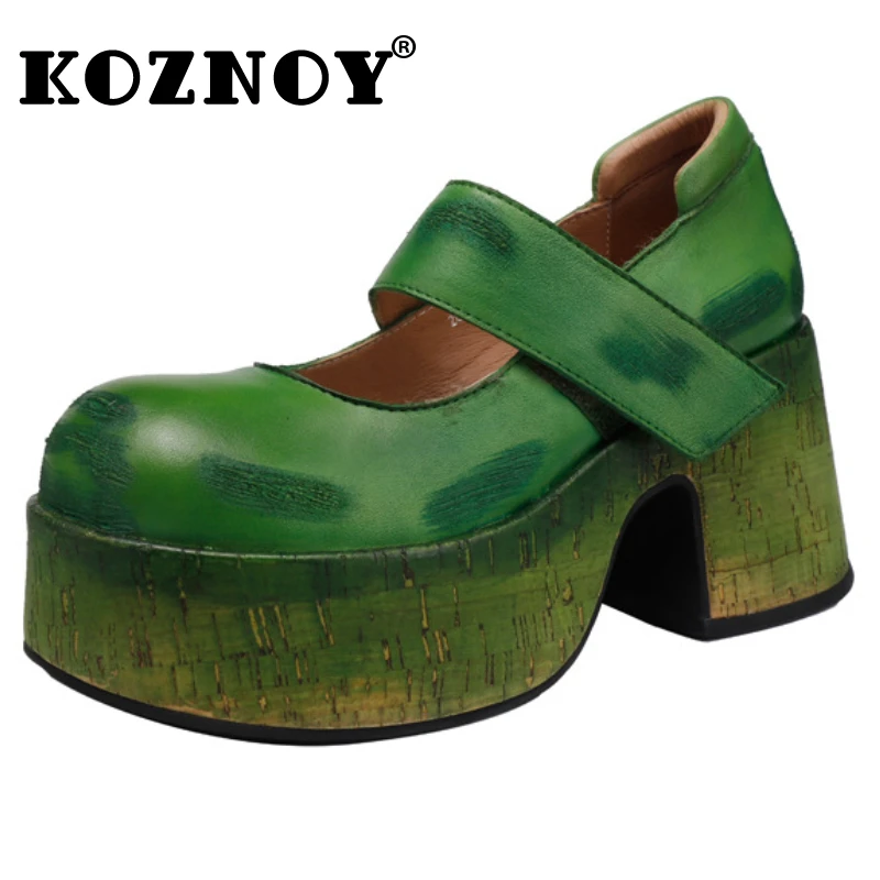 Koznoy 7.5cm etniczna prawdziwa skóra Mary Jane jesienna haczyk letnia moda na wiosnę na wysokim obcasie damskie buty na koturnie