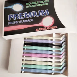 Dental dupla face anti-nevoeiro espelho da boca com alça, colorido vidro autoclavável, fibra de vidro, exame oral, dentista instrumento, 10pcs por caixa