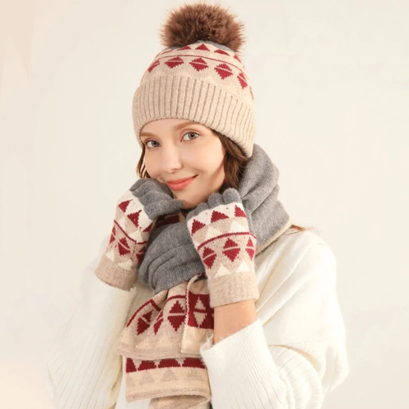 Winter Outdoor Jacquard Knitting Three Piece Set Wilderness Adventure Cold Protection Keep Warm Glove Travel Five Finger Glove