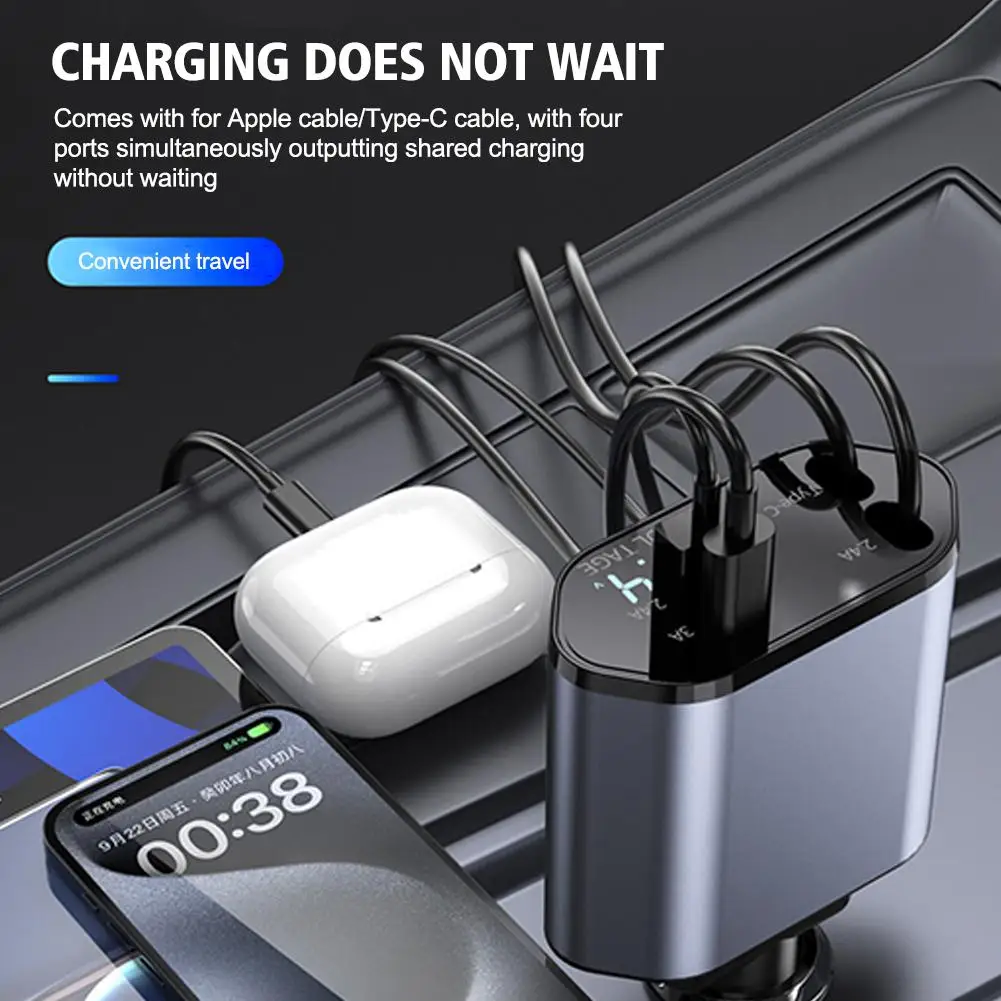 

Pd Car Charger 120w Quick Charger With 2 Retractable Cables Type C Fast Car Charger Voltmeter 4 In 1 Power For Huawe L2e7