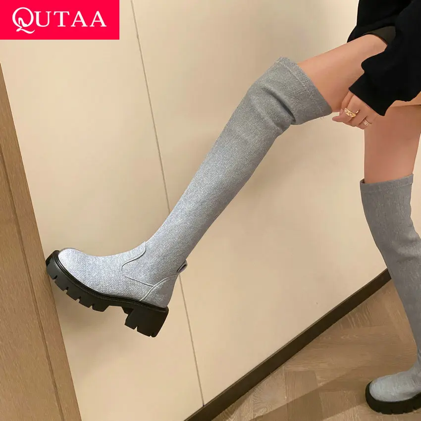 

QUTAA 2023 Women Over The Knee High Boots Party Slim Long Boots Platforms Thick Med Heels Autumn Winter Shoes Woman Size 34-41