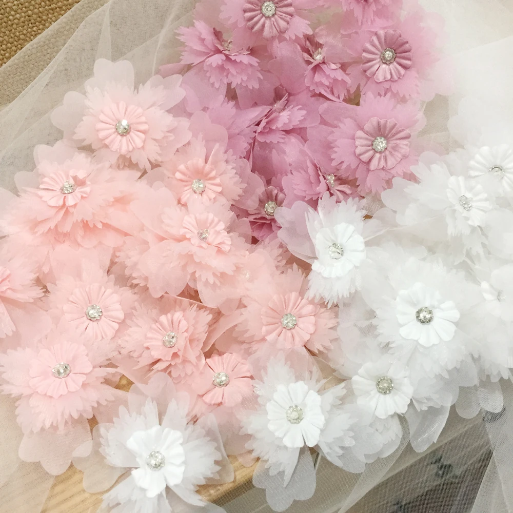 5Pcs White Pink DIY Handmade 3D Flower Patch Wedding Dress Organza Eugen Yarn Headwear Materials 8.5CM Wide