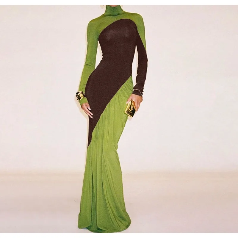 

2025 Cool and Sleek Wild Tribe Queen Color Block Patchwork Asymmetric Ruffled Dress for Women