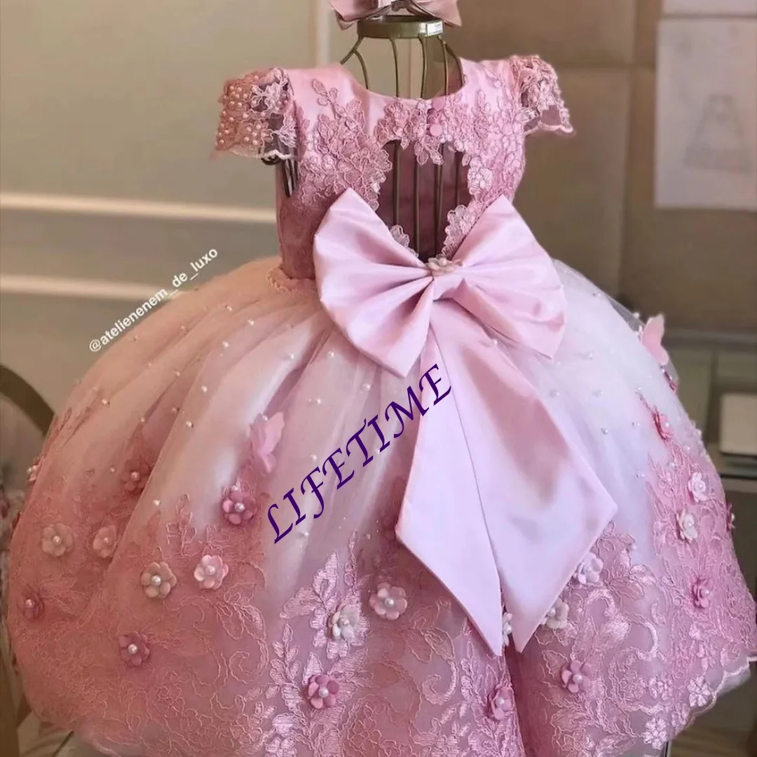 

Светло-розовое платье с цветочным узором для девочек на свадьбу, тюлевое пышное платье с аппликацией и жемчугом, детское платье принцессы для первого евхаристического дня рождения по индивидуальному заказу