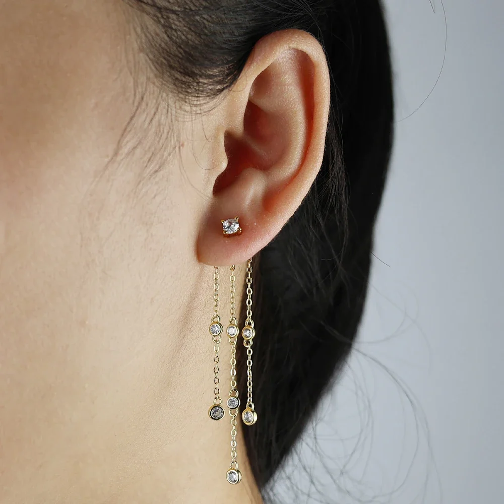 

New 925 Sterling Silver round Zircon Tassel Chain Earrings for Women Pendant Ins Fine party Jewelry