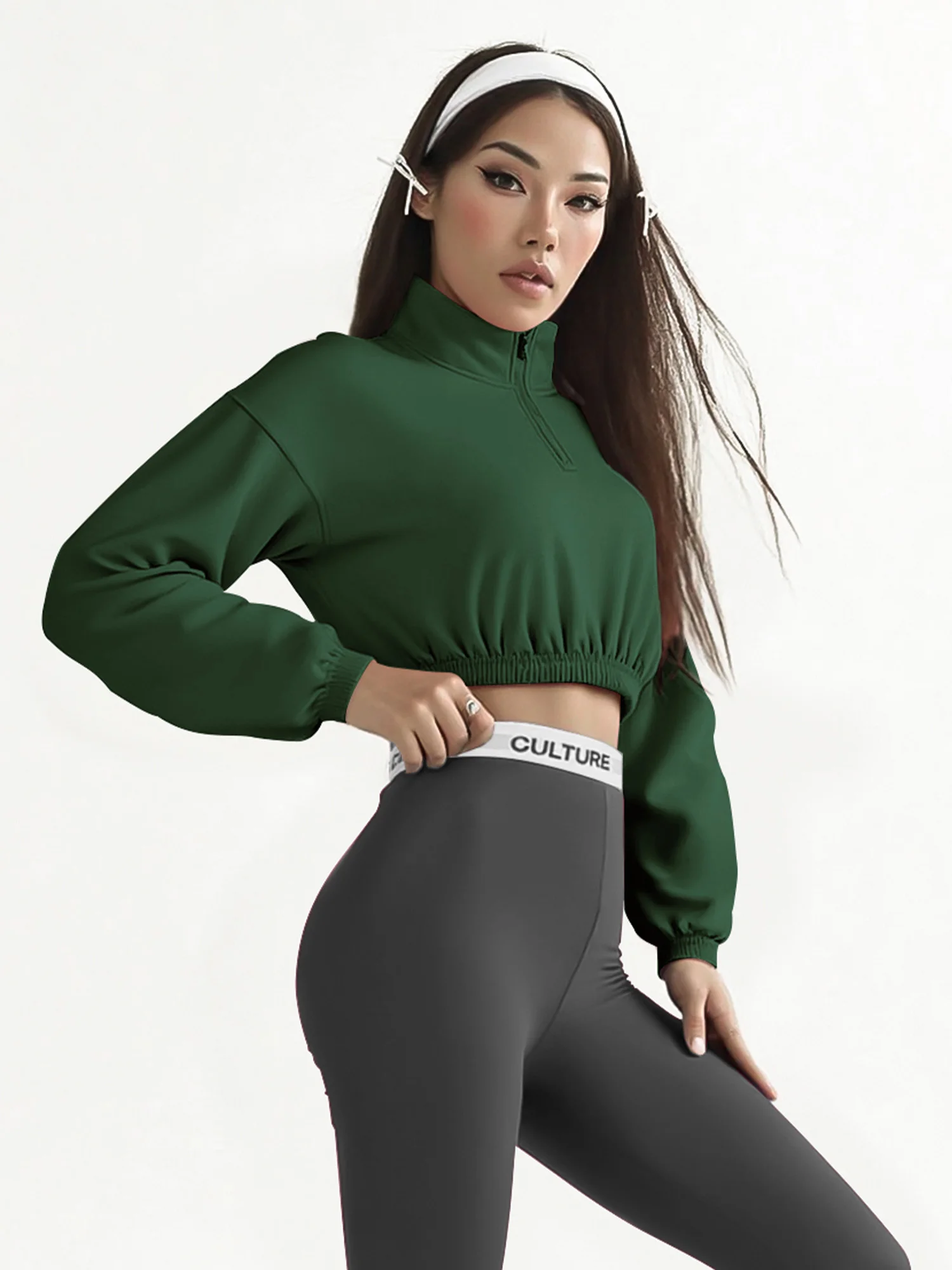 

Укороченный свитшот с воротником-стойкой на молнии до середины груди для женщин, свободный крой, с эффектом удлинения роста и утяжки талии, повседневный топ с длинными рукавами