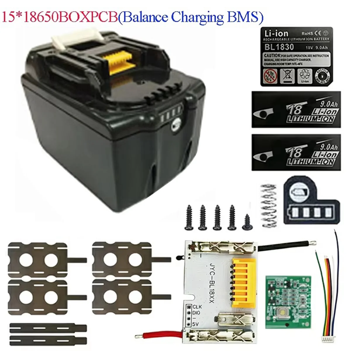 

AA25 BL1890B Lithium Battery Case 15X18650 Balanced PCB Charging Circuit Board LED Label Box for 18V BL1815 BL1830