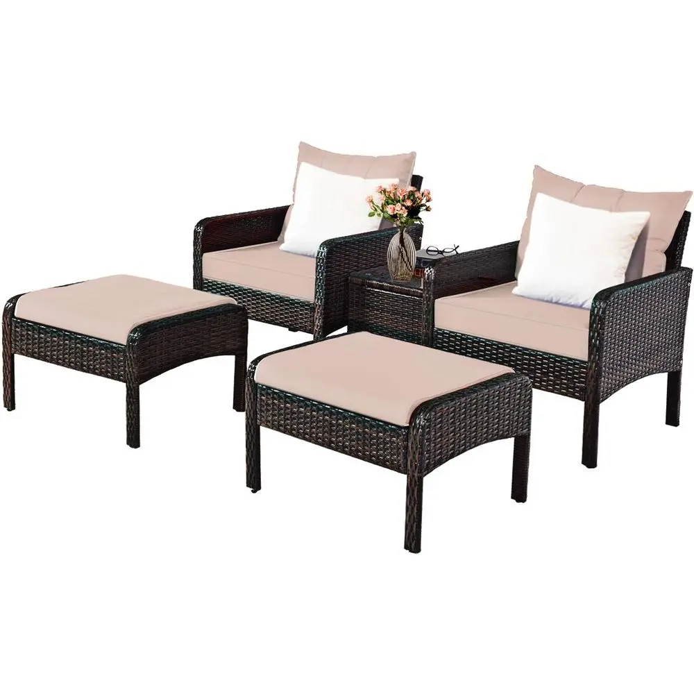 

5 Pieces Wicker Patio Furniture Set, PE Rattan Outdoor All Weather Cushioned Sofas and Ottoman Set, 2Person Outside Conversatio