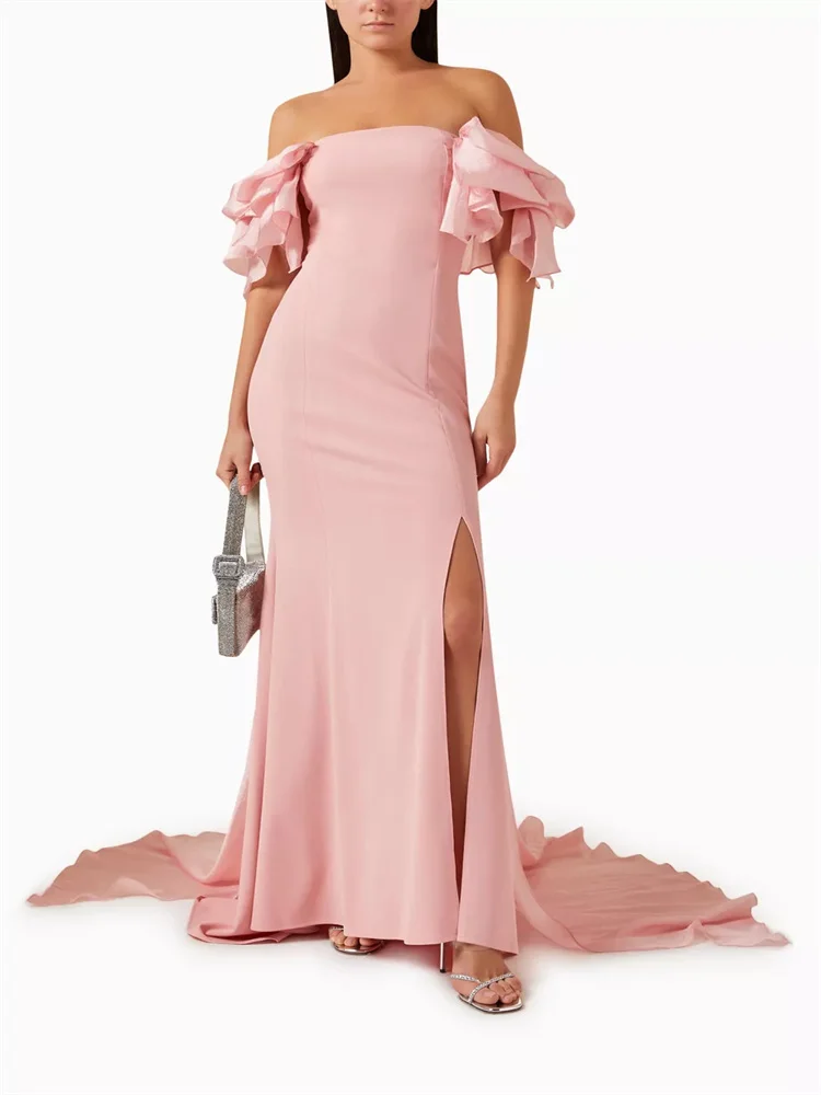 Customized Off Shoulder Neckline Ruffle Sleeves Satin Evening Dress Elegant Back Zipper Floor Length Sweep Train Gown For Women