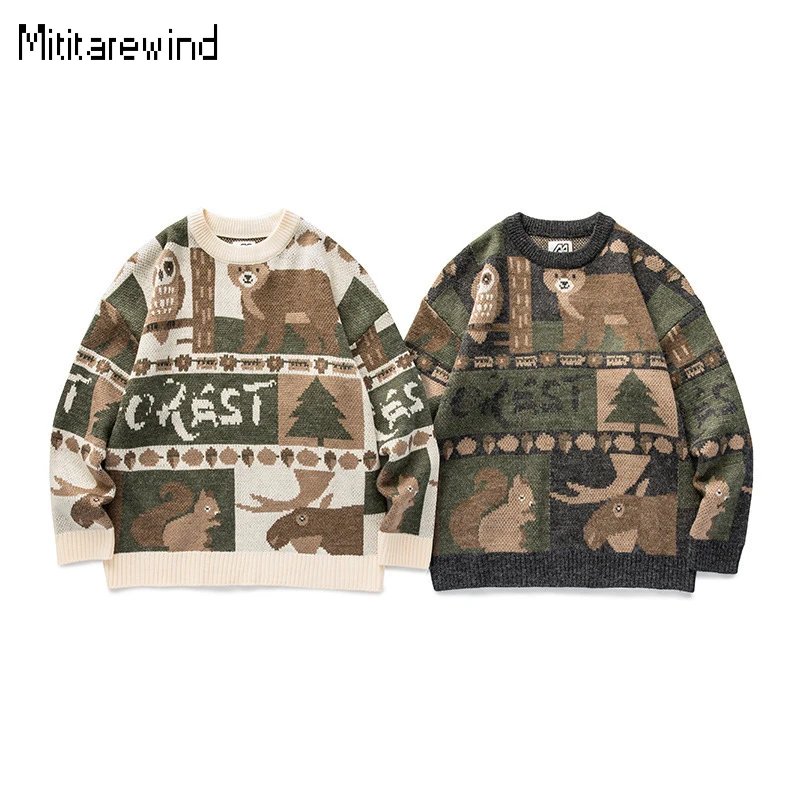 Autumn Winter Unisex Sweater Holiday Casual Forest Cute Animal Sweaters O-neck Pullover Sweater Loose Fashion Couple Knitwear