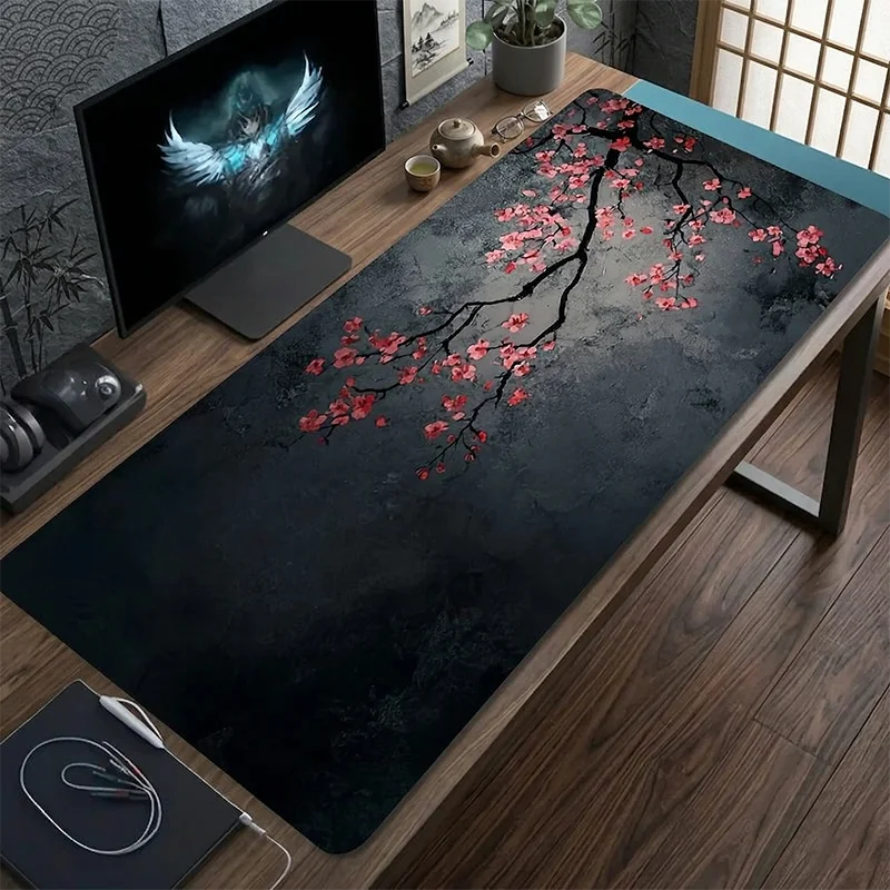 

Dark Japanese Sakura Gaming Tablecloth Mouse Pad Cherry Blossom Desk Mat Large Floral Keyboard Pad Gamer PC Setup Accessories