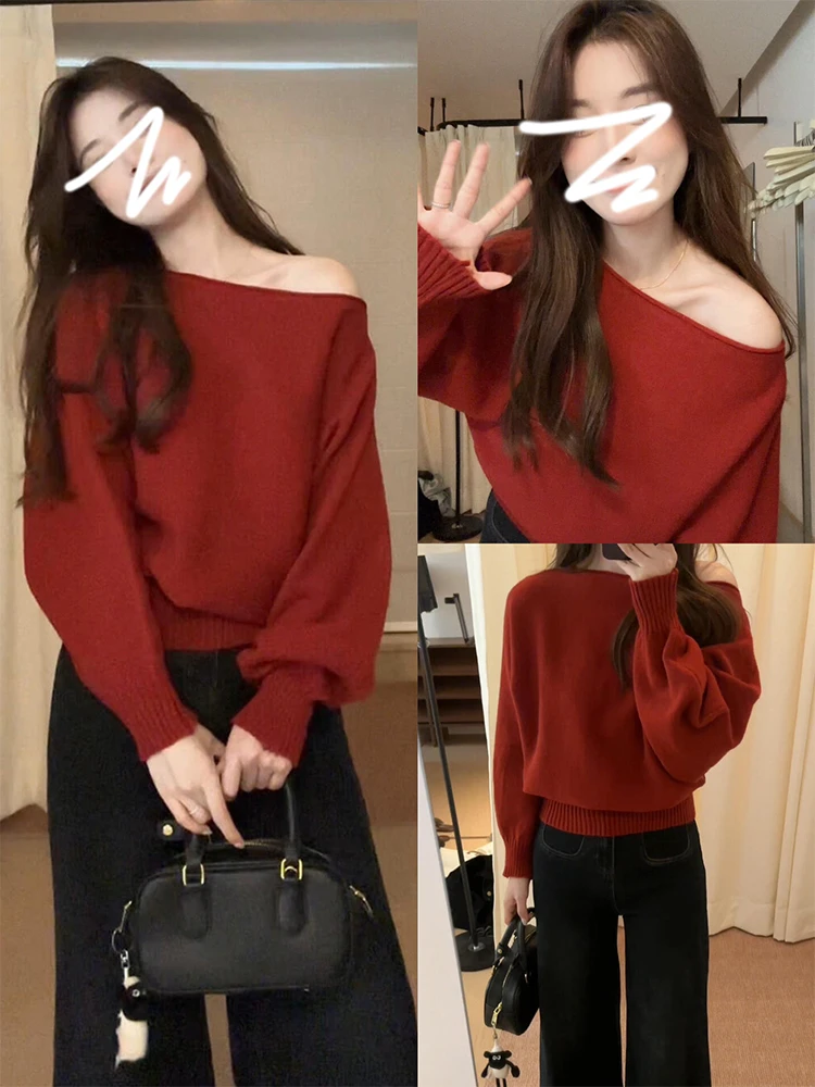 

2025 New Red Knitted One-oulder Sweater Women's Pure Color Unique Autumn Winter Faion Sweet Sle Loose Fit Long Sve