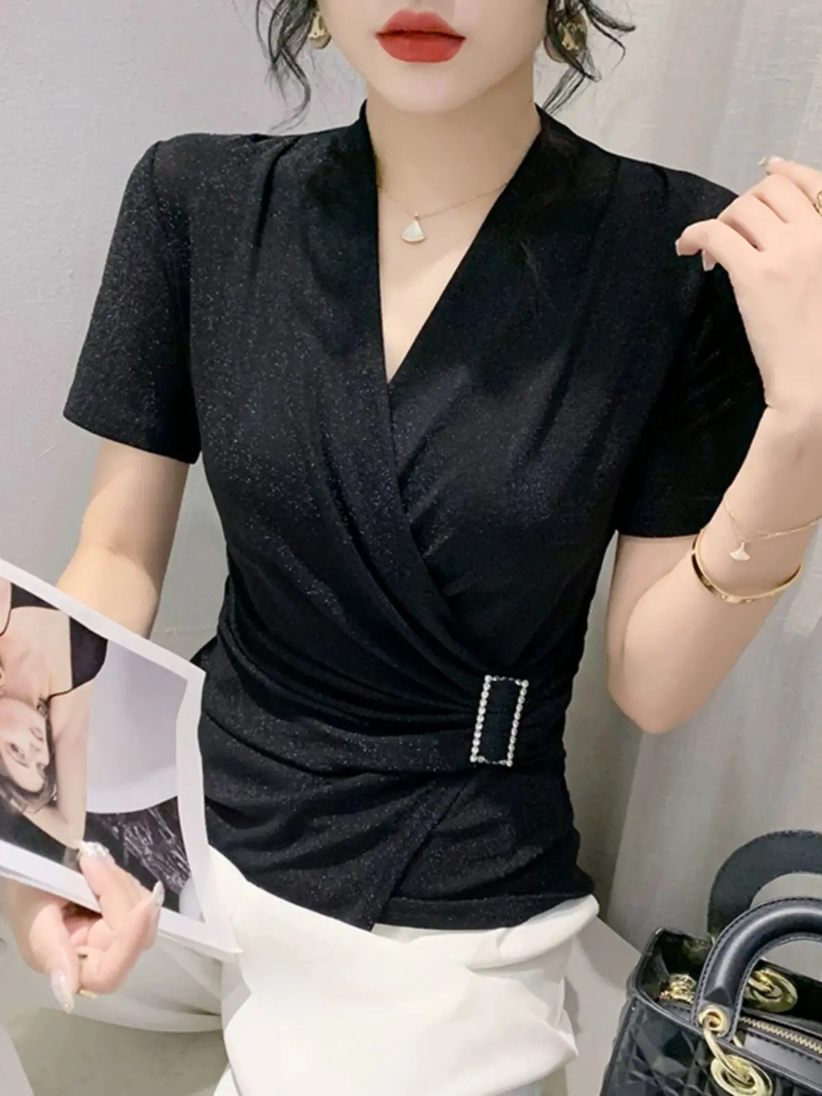 2024 Dressed To Kil Asymmetrical Female T-shirt Spring Summer Shinny Silk V-neck Solid Woman S-3XL Short Sleeve Mesh Slim Chic