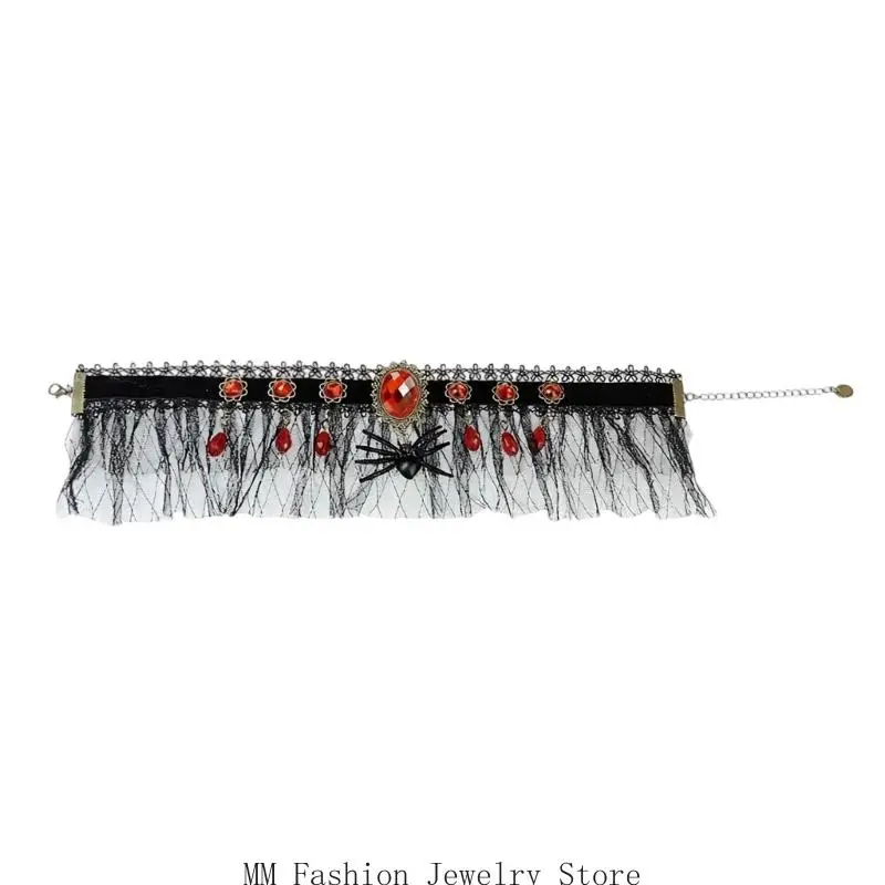 Halloween Lace Necklace with Sheer Ruffle and Red Floral D0UB