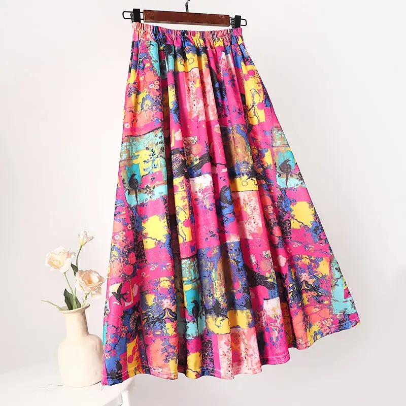 Gonna lunga stampata in stile etnico per donna nella primavera ed estate Nuova gonna a trapezio drappeggiata di grandi dimensioni Fat Mm