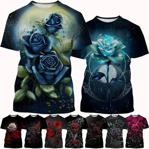 

Hot Sale Men/ Women Hip-hop Harajuku Rose 3D Printing Men's T-shirt New Popular Flower Art Rose Casual Short Sleeve