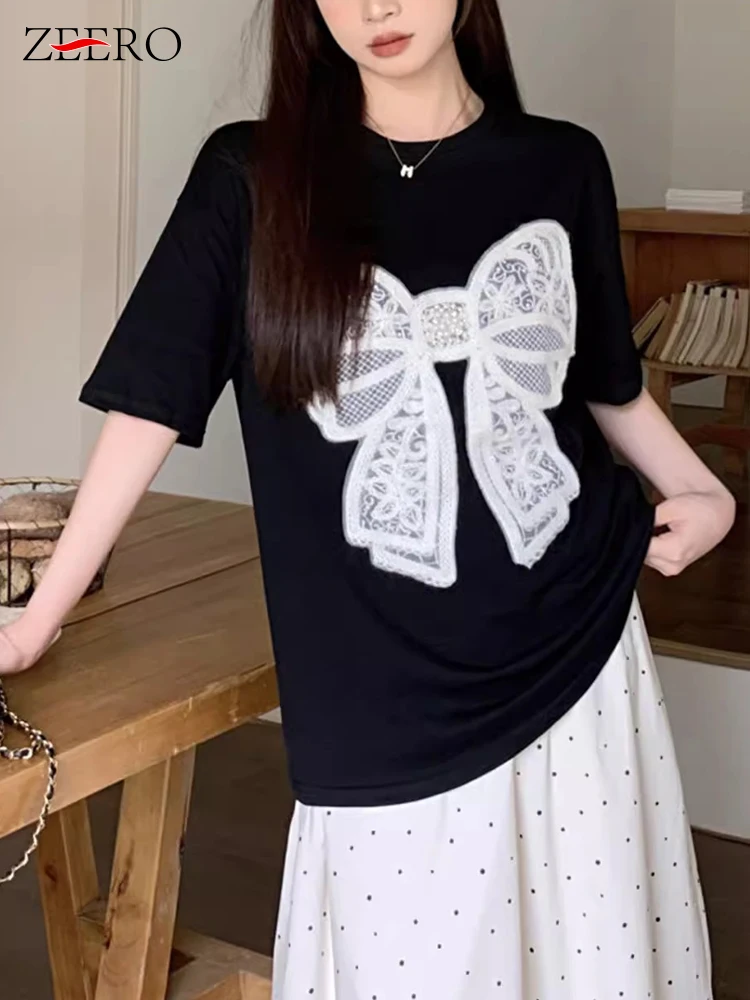 

Summer Women Black Loose Sweet Embroidery Beaded Short Sleeve Round Neck Tops Tshirts Female Casual Cotton Tees Blusas Mujer