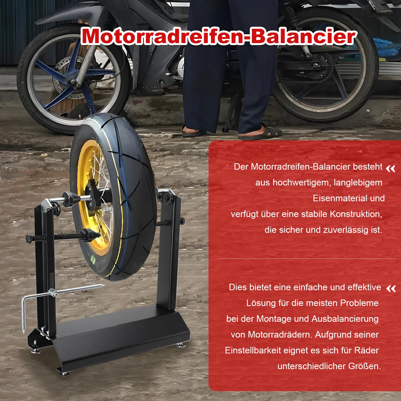 Bilanciatore per ruote di moto, supporto per la regolazione delle ruote, strumento per il bilanciamento di cerchi e pneumatici, supporto laterale rimovibile, adatto alla maggior parte delle moto,