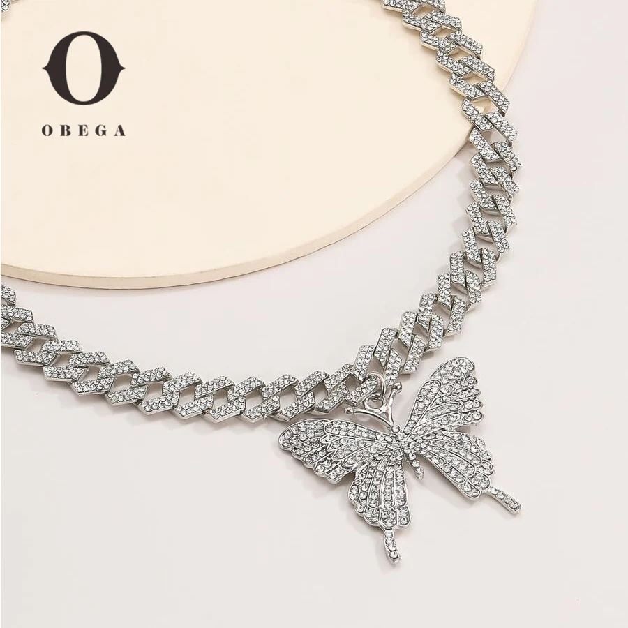 Obega Women's Korean Big Butterfly Pendant Necklace Full Shiny Crystal Stone Cuban Choker Necklace Exquisite Wedding Jewelry