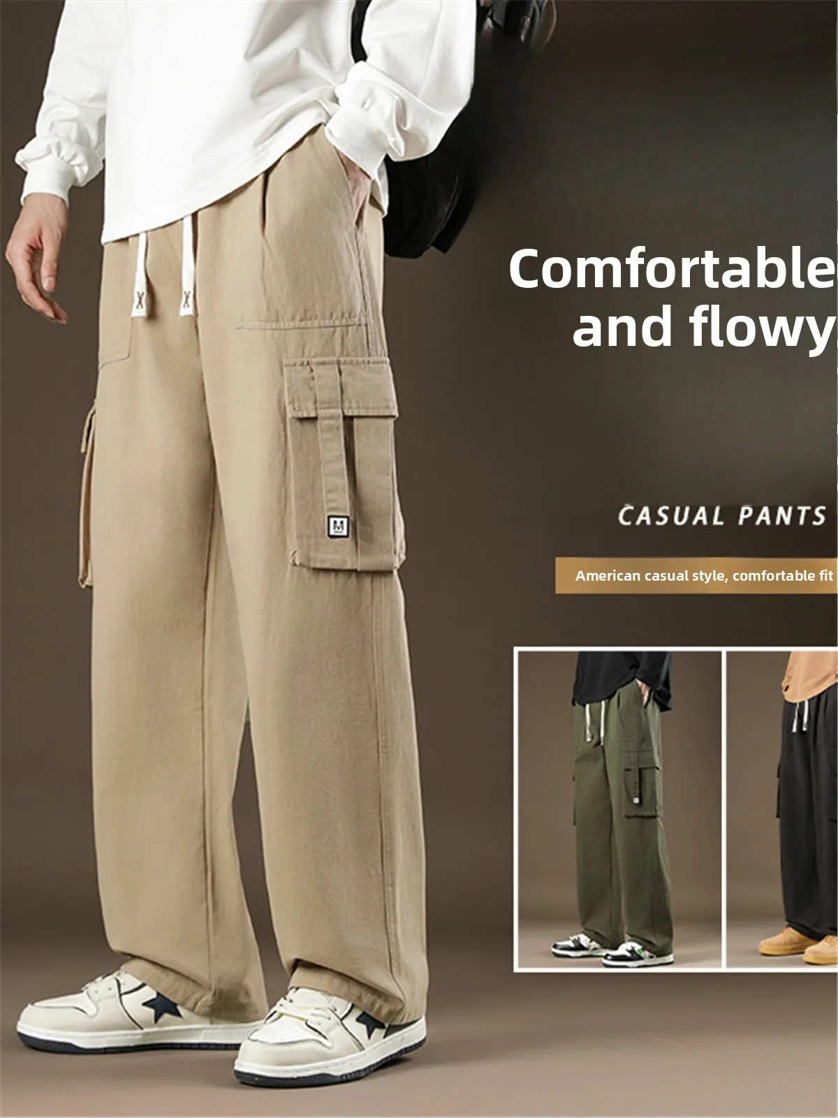 

Американские повседневные мужские рабочие брюки свободного кроя с широкими штанинами, универсальные прямые длинные брюки для подростков, осенний сезон