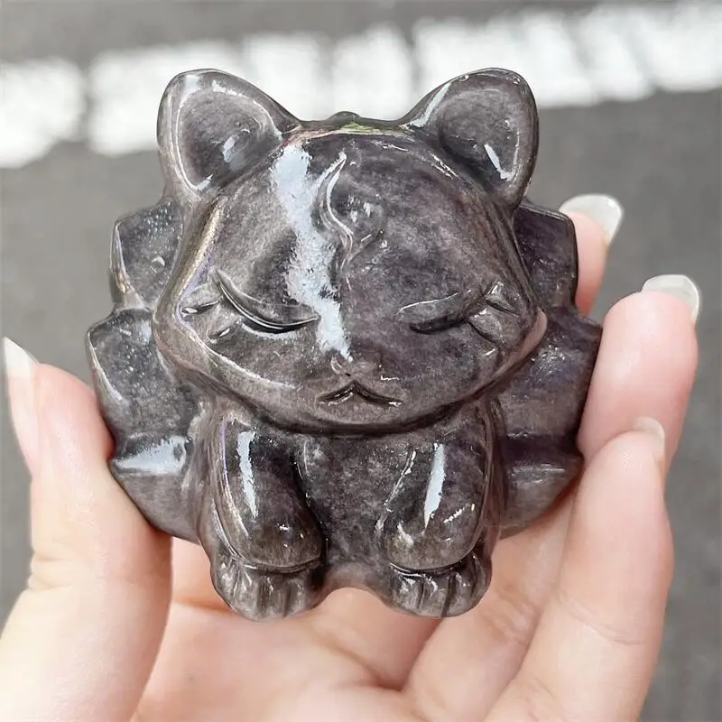 Natural Silver Obsidian Fox Fairy Carving Hole Charm Carving Bead For Jewelry Making Diy Necklace Accessory 1PCS