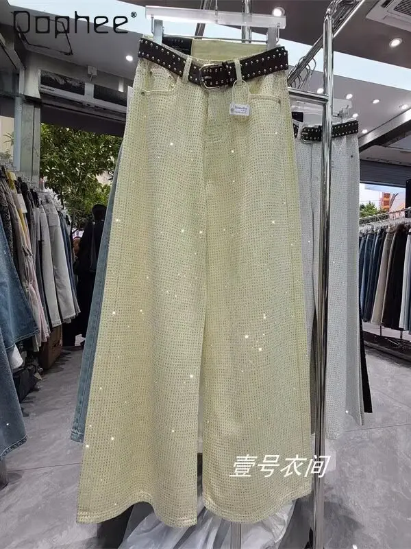 

Новые винтажные повседневные джинсы с эффектом потертости и стразами, с высокой талией, прямые, свободные, женские, весна 2026