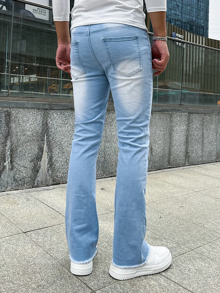 Calça jeans monocromática casual com stretch, masculino, primavera, preto e azul, moda clássica, bainha de bigodes de gato, 2024