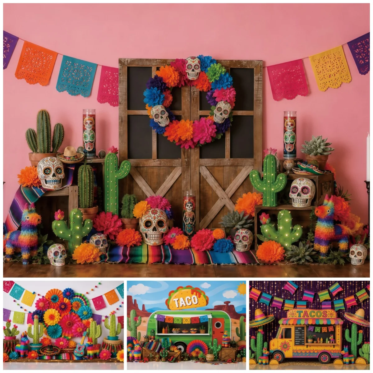 Mexican Fiesta photography Backdrop Sugar Skull Cactus Papel Picado Day Of The Dead Birthday Decoration Photo Studio backgrounds