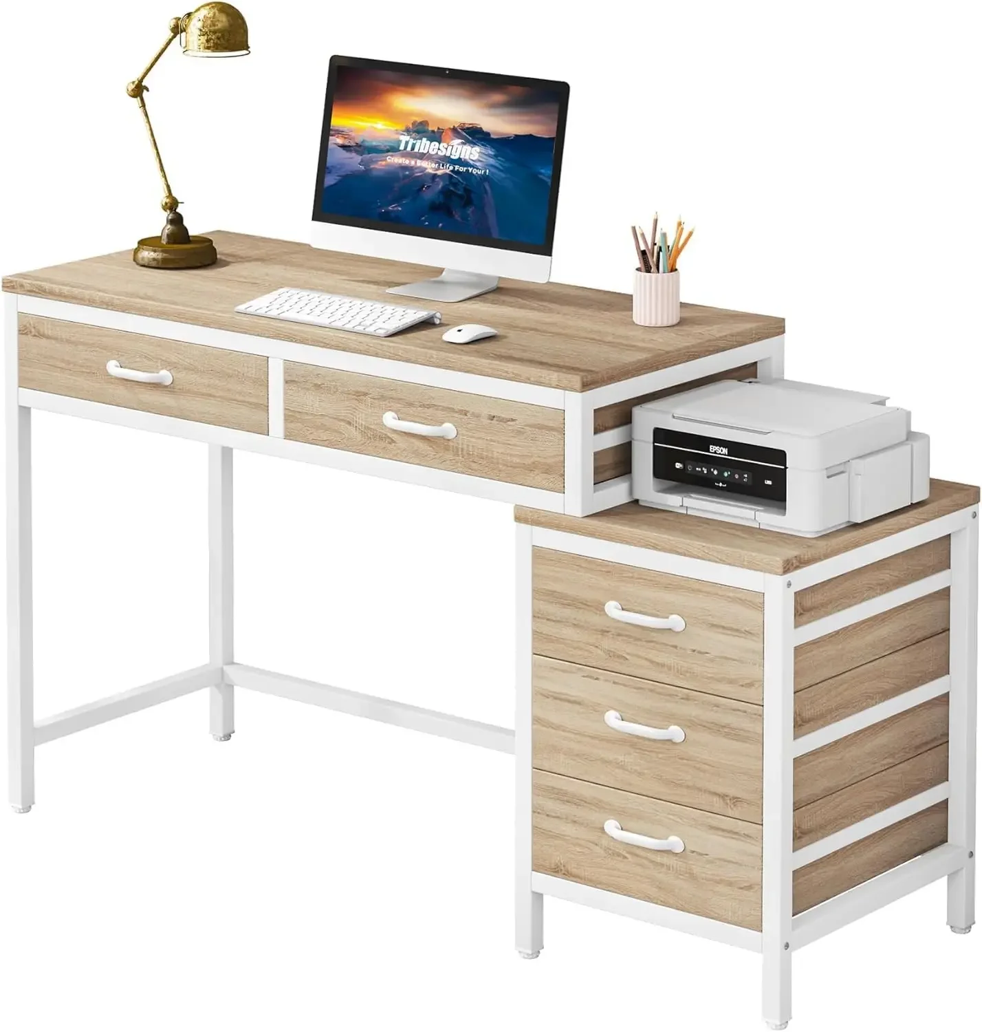 Computer Desk with 5 Drawers, Home Office Desks with Reversible Drawer Cabinet Printer Stand, Industrial PC Desk with Storage