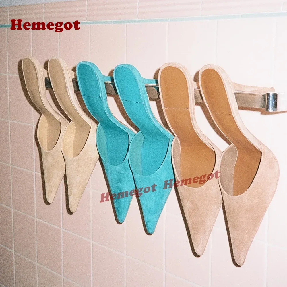 

Синие замшевые тапочки на шпильке, женские шлепанцы без шнуровки с острым носком, Новое поступление 2025, летняя однотонная повседневная обувь, роскошная уличная обувь